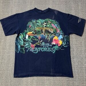 Vintage 90s Rainforest Nature Wraparound Graphic Tee Busch Gardens Navy Blue Lrg